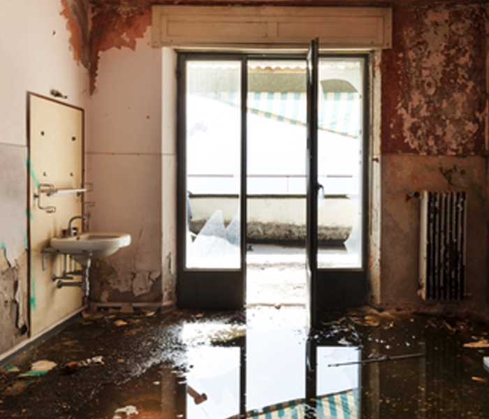 interior of a flooded building with water damage