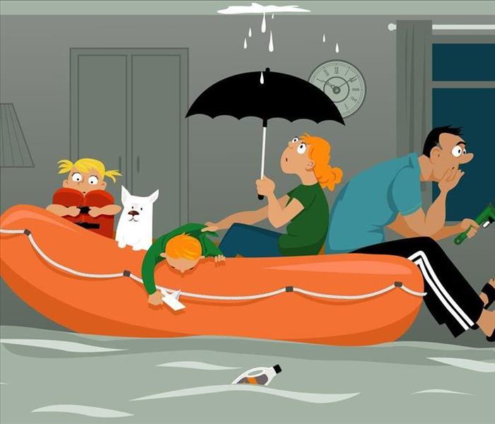 Family in a flooded home