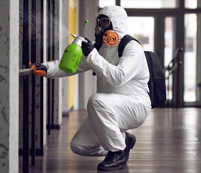 person in white tyvek suit using a hand sprayer on a wall